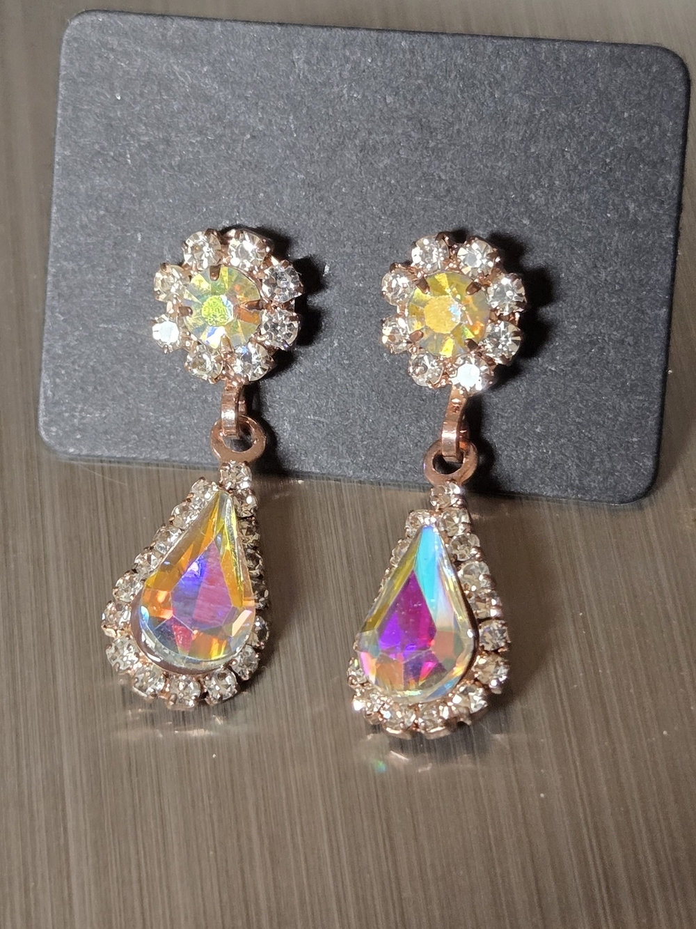 Vintage Iridescent AB Crystal Rainbow Color Teardrop Drop Earrings - Picture 4 of 14